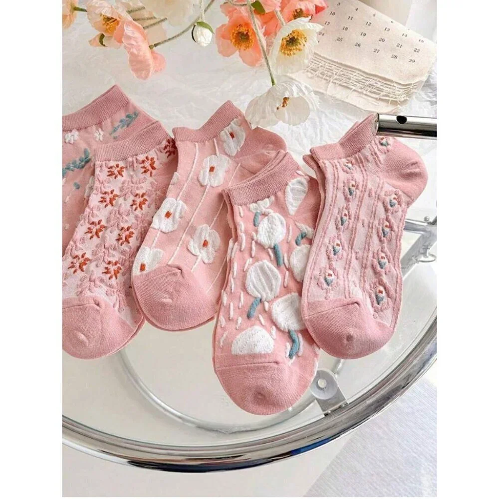 5Pairs Vintage Floral Low-Cut Socks For Women Versatile Floral Print Ankle Socks